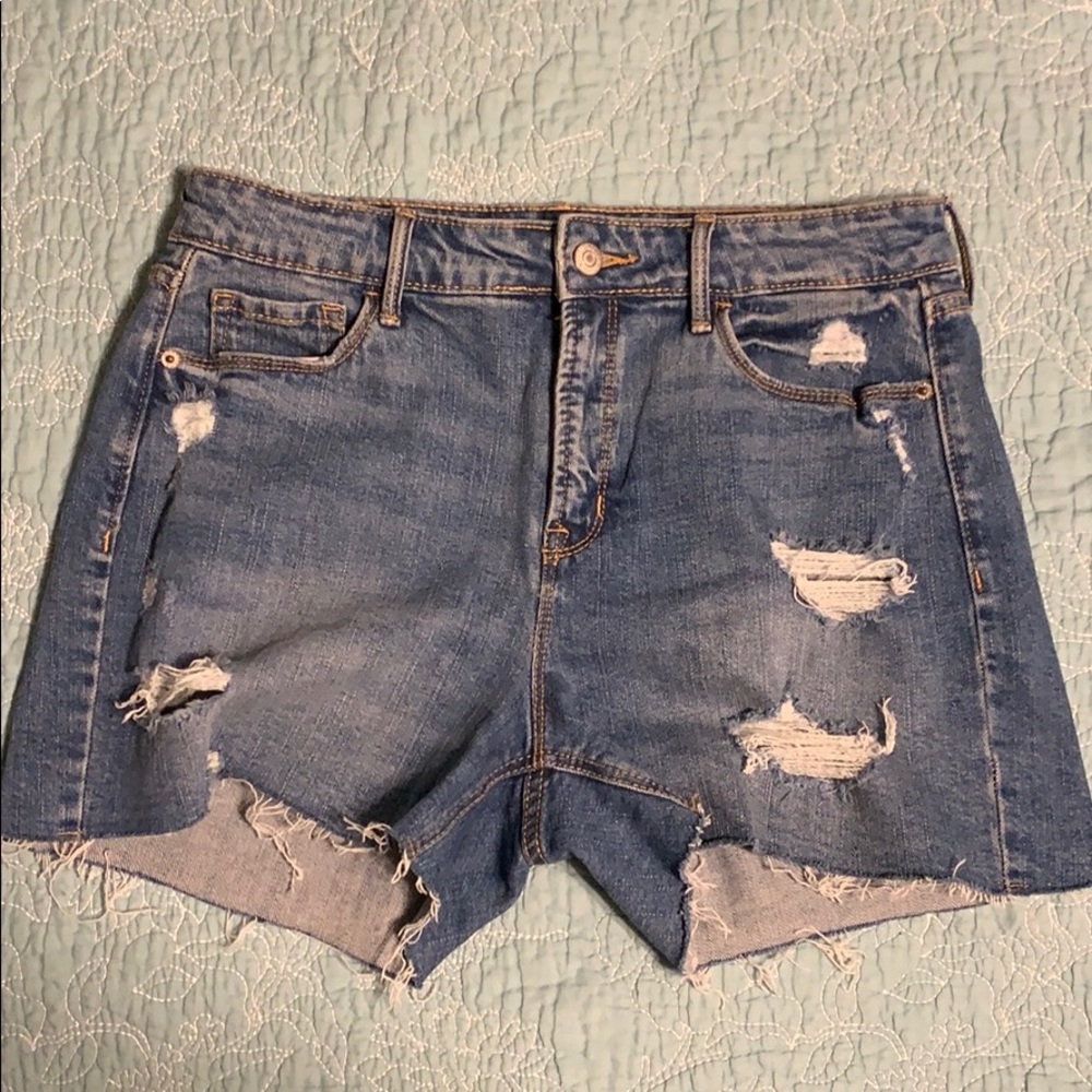 High rise distressed denim shorts